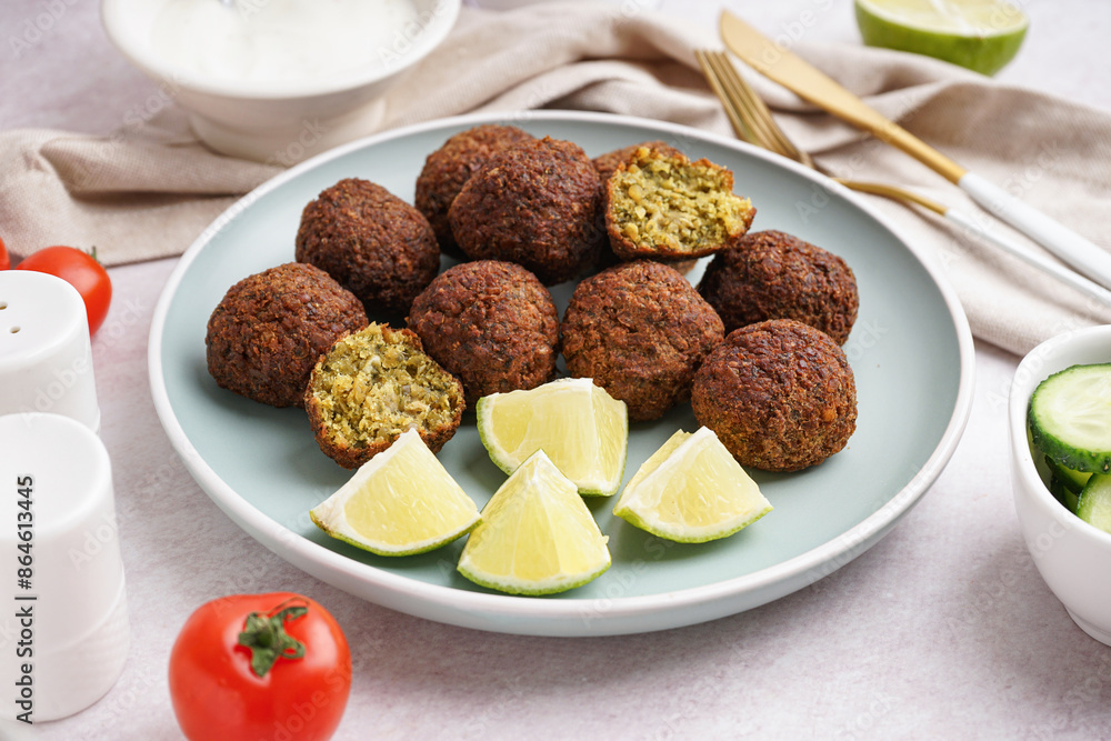 Plate with delicious falafel balls, lime and tomato on light background, closeup Plate with delicious falafel balls, lime and tomato on light background, closeup