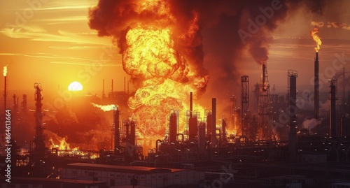 Industrial Complex Burning at Sunset With Smoke and Flames