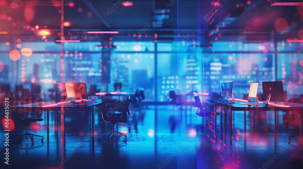 custom made wallpaper toronto digitalModern neon cyberpunk open space office interior blurred with information technology overlay. Corporate strategy for finance, operations, marketing. Tables with computers for work. Technology