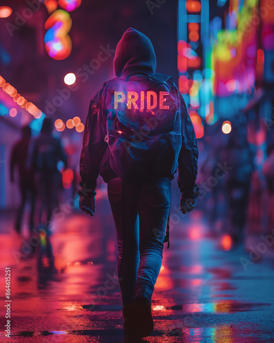 A person walks down a street lit by neon lights, their back to the camera, wearing a jacket with the word Pride illuminated on the back