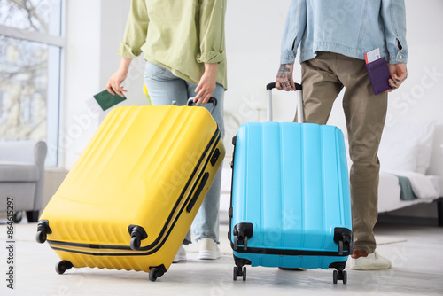 Couple of tourists with passports and suitcases in hotel room, back view