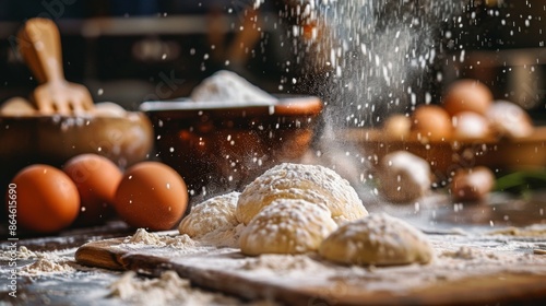 Flour dusting over freshly baked bread on wooden table photo