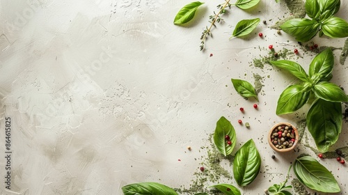 Fototapeta Naklejka Na Ścianę i Meble -  Fresh green basil leaves with assorted spices on light background