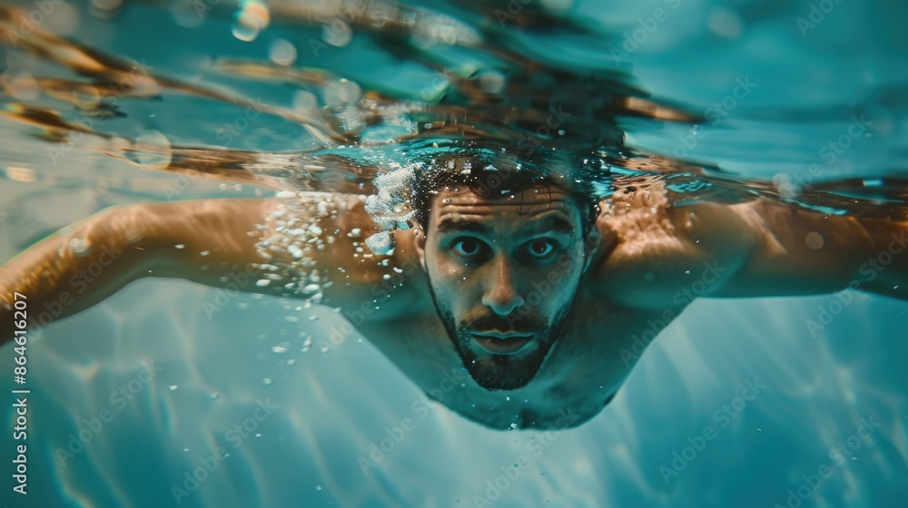 Man swimming underwater in pool Man swimming underwater in pool