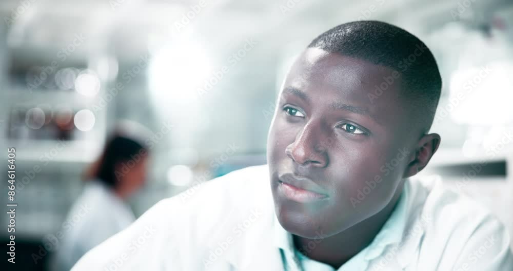 Laboratory, thinking and black man at computer, reading research for education study and biotechnology. Check, online or scientist search for solution or information on internet for science project Laboratory, thinking and black man at computer, reading research for education study and biotechnology. Check, online or scientist search for solution or information on internet for science project