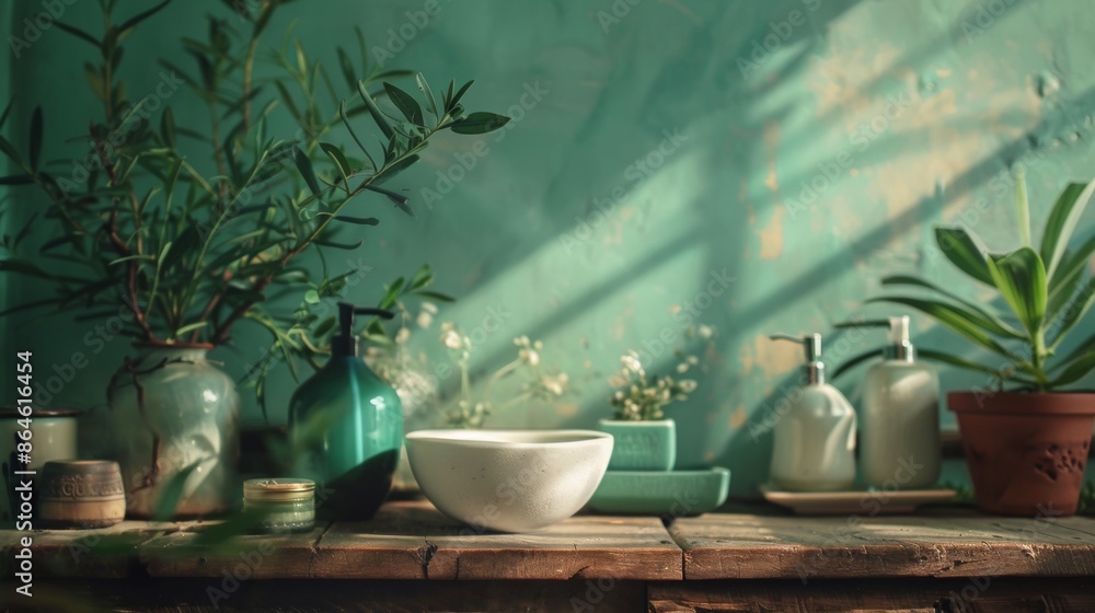 Green bathroom with potted plants and rustic decor Green bathroom with potted plants and rustic decor