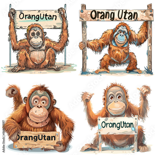 Cute and detailed hand-drawn illustrations of orangutans holding wooden signs, ideal for wildlife education, conservation awareness, children's projects, and creative design uses.