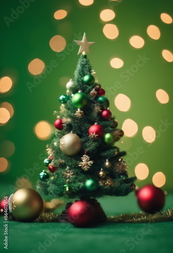 Christmas Tree Decorated With Ornaments on Green Background