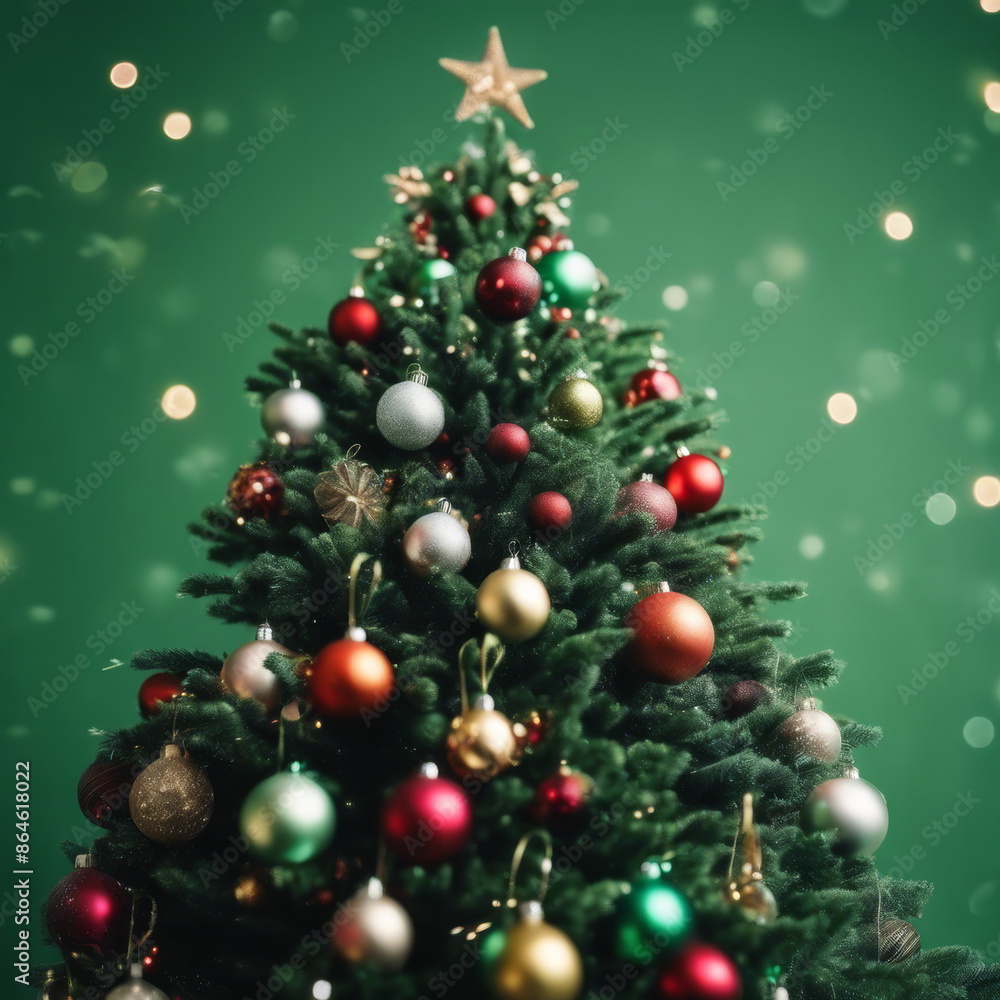 Fototapeta premium Christmas Tree Decorated With Ornaments on Green Background