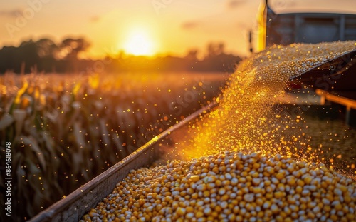 Golden Corn Kernels Pouring Into Hopper at Sunset