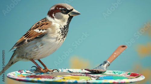 A small brown and white bird is perched on a paintbrush. The bird is looking to the right of the frame. The background is a pale blue. photo