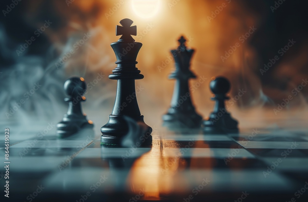 Black Chess King Piece Standing Tall on a Smoke-Filled Board Black Chess King Piece Standing Tall on a Smoke-Filled Board