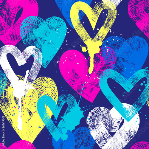 Abstract seamless pattern with hearts, urban elements, brush, lines,  sprays. Pink and blue wallpaper for girls. Grunge background with bright colors hearts and spay paint