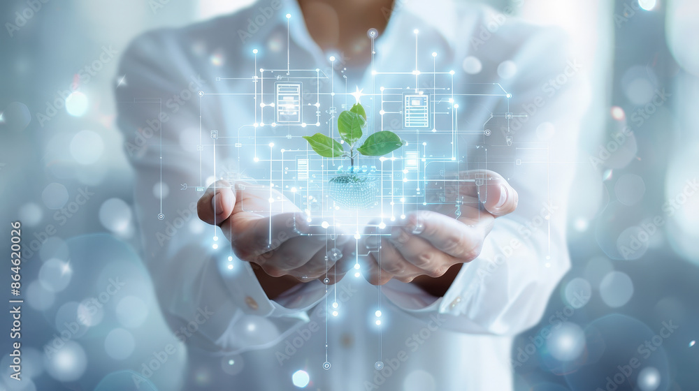 Hands holding a small plant with digital technology overlays, symbolizing innovation in sustainable growth and environmental conservation through technology. Hands holding a small plant with digital technology overlays, symbolizing innovation in sustainable growth and environmental conservation through technology.