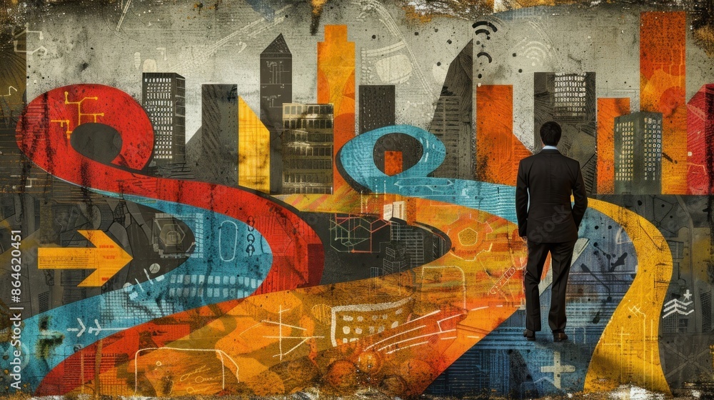 Fototapeta premium A Man at a Crossroads of Opportunity in a Cityscape