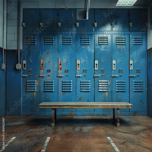 Sports background of a locker room with blue metal cage style lockers