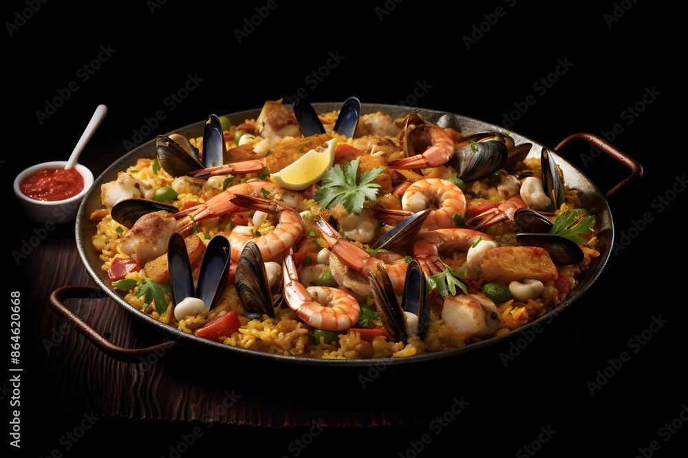 Authentic Seafood Paella with Shrimp, Mussels, and Clams Served in a Traditional Pan Authentic Seafood Paella with Shrimp, Mussels, and Clams Served in a Traditional Pan