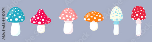 Set of multi-colored fly agarics. Vector illustration in flat style