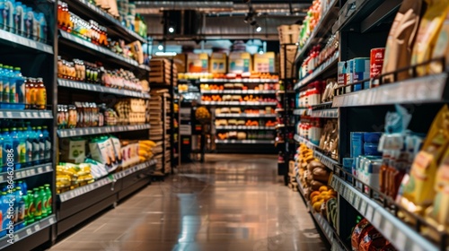 Aisle in a modern supermarket with various products photo
