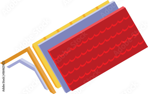 Red roof tiles with layers of insulation and wooden beams showing a cross section of a roof
