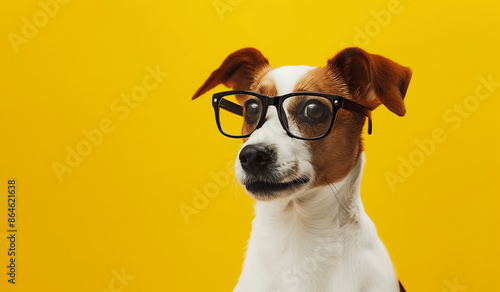 Adorable Dog Wearing Glasses Against Bright Yellow Background and Copy Space
