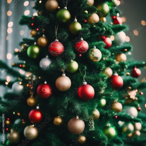 Christmas Tree Decorated With Ornaments on Green Background