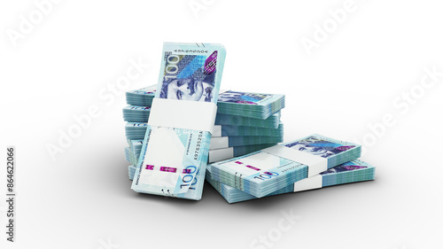 3d rendering of Stacks of 100 Peruvian soles notes. bundles of Peru currency notes isolated on transparent background, currency of Peru
