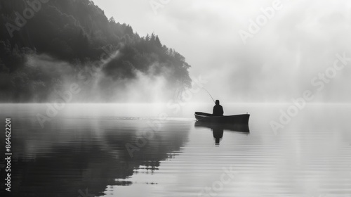 A lone fisherman sets off on the still waters of a lake his silhouette a striking contrast against the calm landscape. Black and white art