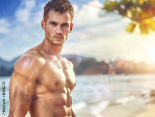 A man with a muscular chest stands on a beach, looking out at the ocean, athletic fit people