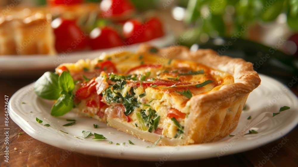 A traditional quiche filled with gardenfresh vegetables and topped with melted cheese providing a hearty and flavorful breakfast option. A traditional quiche filled with gardenfresh vegetables and topped with melted cheese providing a hearty and flavorful breakfast option.