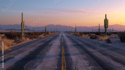 The barren desert stretches out on either side of the highway the silhouettes of cacti and rocks ly visible in the fading light. . AI generation. photo