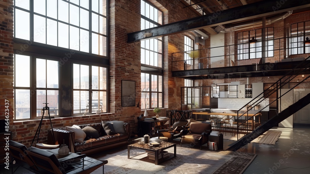 An industrial loft with exposed brick, metal railings, and large windows blends modern and urban design. An industrial loft with exposed brick, metal railings, and large windows blends modern and urban design.