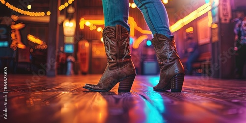 cowgirls boots doing a country line dance in a brightly lit western-themed dance hall photo