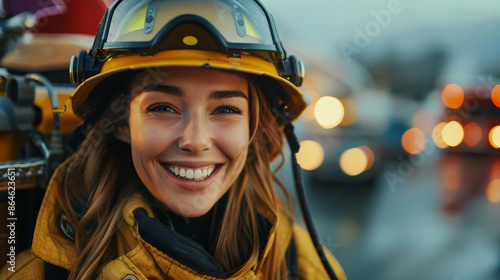 A woman in a yellow fireman's hat is smiling, fire service officer or firefighter © Space Priest