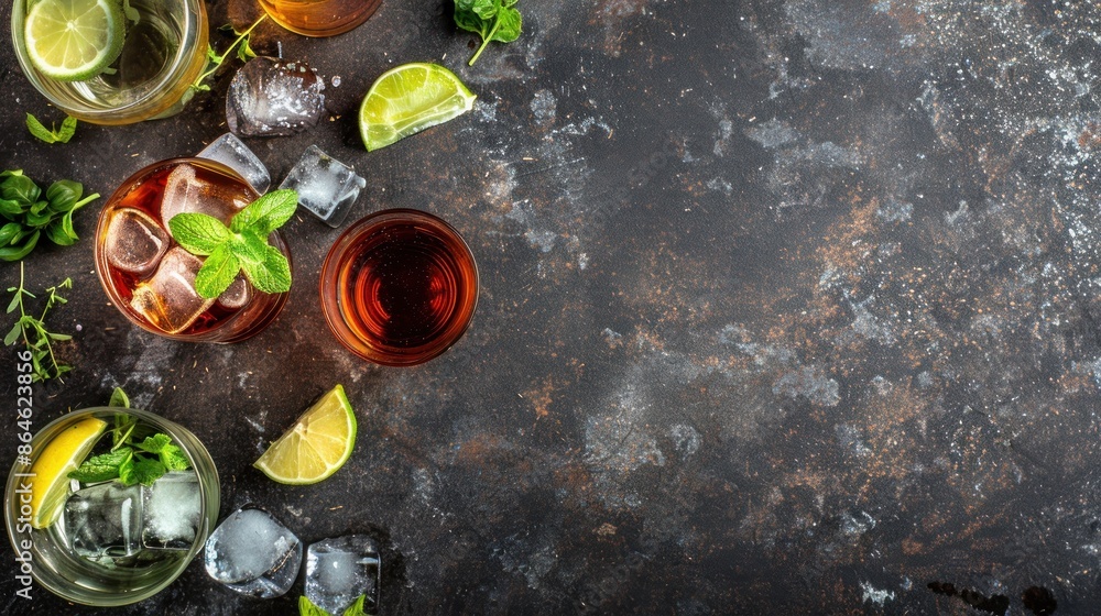 Refreshing Summer Drinks with Lime and Mint on Dark Background Refreshing Summer Drinks with Lime and Mint on Dark Background