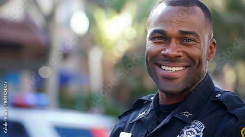 A smiling police officer stands in front of a car, policeman