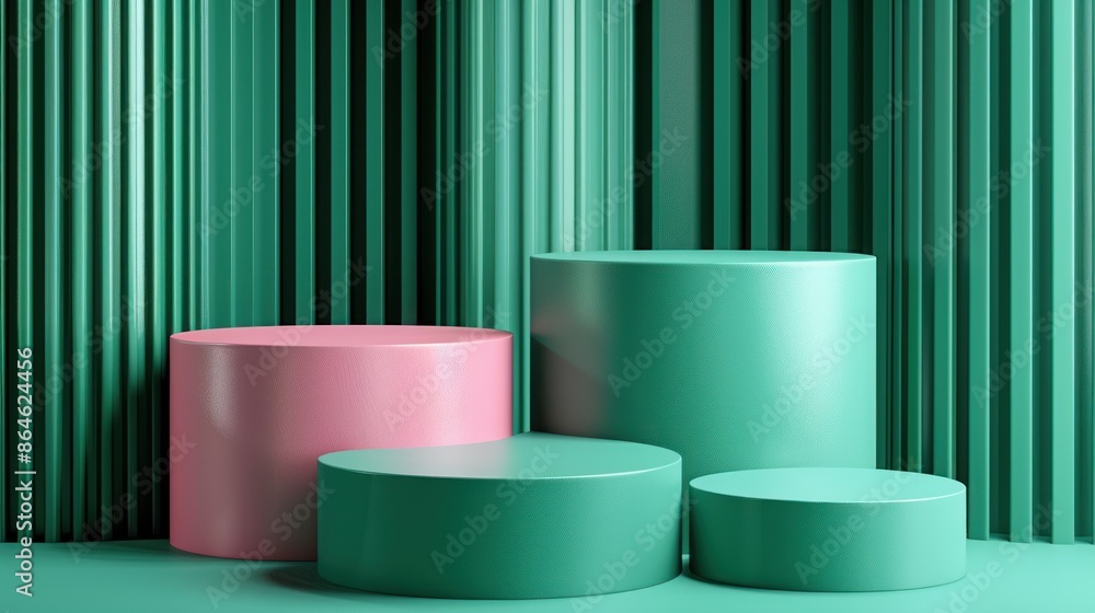Green and Pink Cylinders on a Striped Background Green and Pink Cylinders on a Striped Background