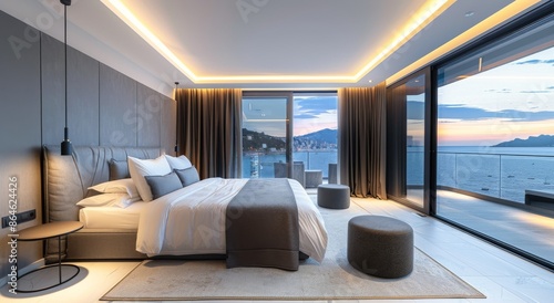 Modern Bedroom With Water View and White Bedding