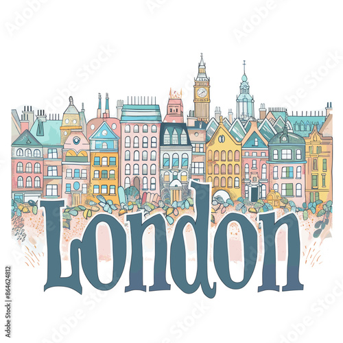 Charming London cityscape illustration with Big Ben and colorful historic buildings. Perfect for travel, tourism, and artistic designs with a vintage and elegant aesthetic