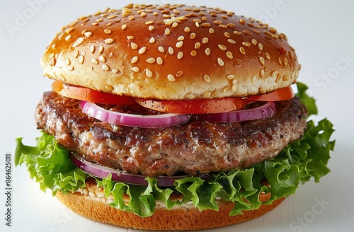 Juicy Beef Patty Burger With Sesame Seed Bun, Lettuce, Tomato, and Red Onion