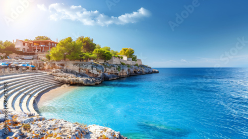 A beautiful beach with a blue ocean and a small town in the background, antique architecture photo