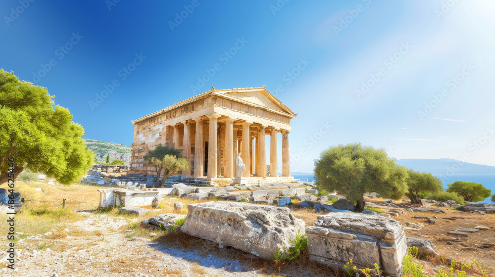 Fototapeta premium A large building with columns and a statue of a man in front of it, antique architecture