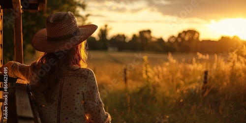 Woman with cowboy hat on the porch of her ranch house looking out into an open field photo