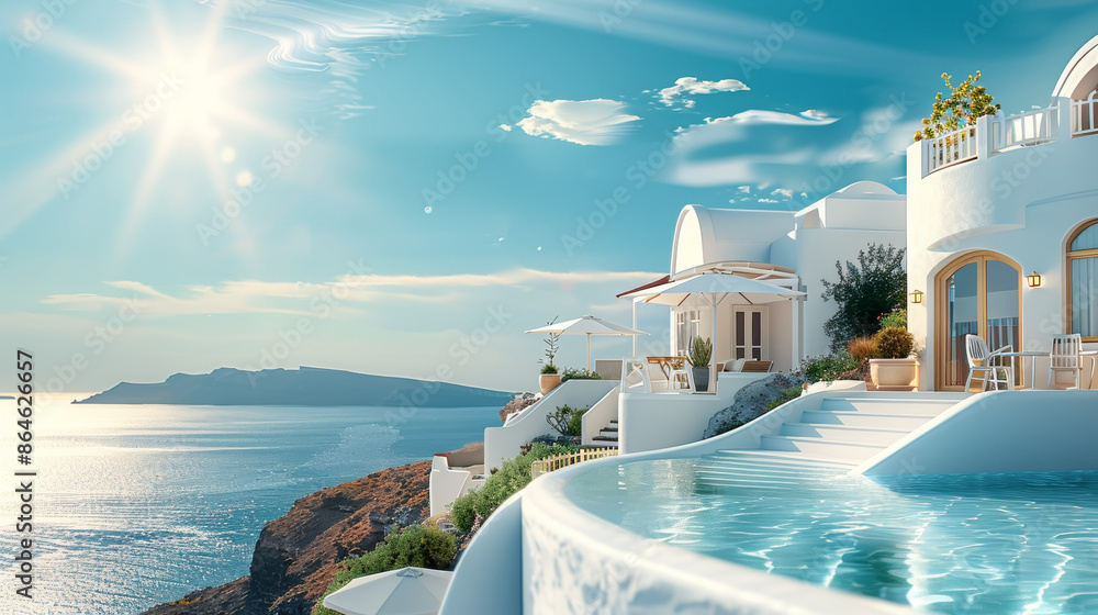 Obraz premium A beautiful beach with a pool and a house in the background, Greek holidays in Greece