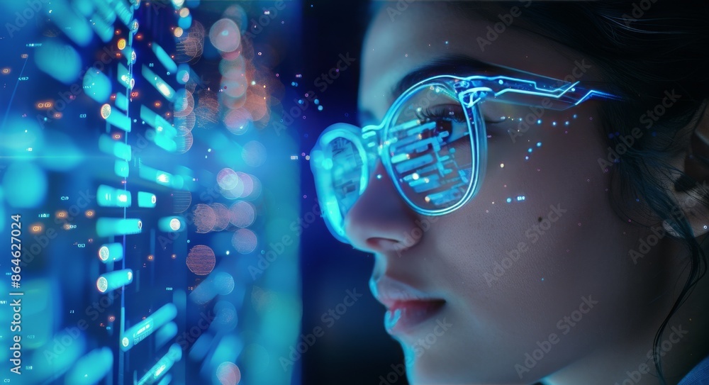 Woman Wearing Blue Glasses Looks At Screen With Blue Light Woman Wearing Blue Glasses Looks At Screen With Blue Light