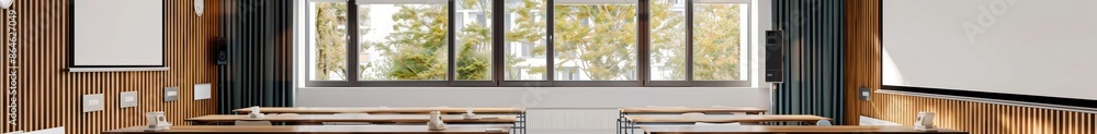 Modern Classroom Interior with Wooden Walls and Large Window Modern Classroom Interior with Wooden Walls and Large Window