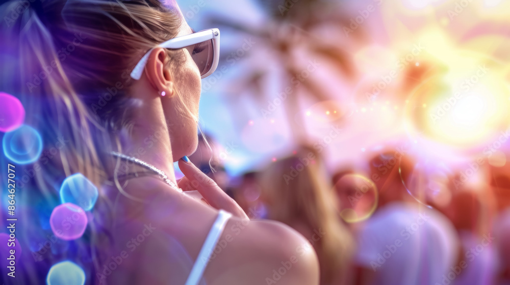 A woman wearing sunglasses and a white dress is standing in front of a crowd of people A woman wearing sunglasses and a white dress is standing in front of a crowd of people