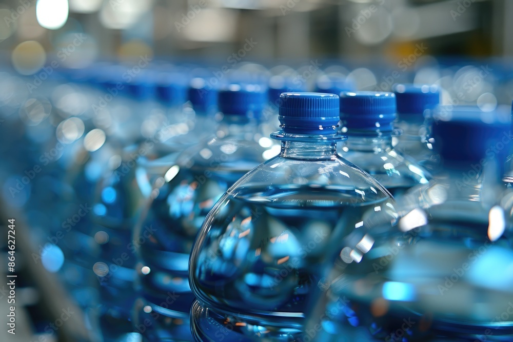A row of blue bottles of water. The bottles are lined up and are all the same size A row of blue bottles of water. The bottles are lined up and are all the same size