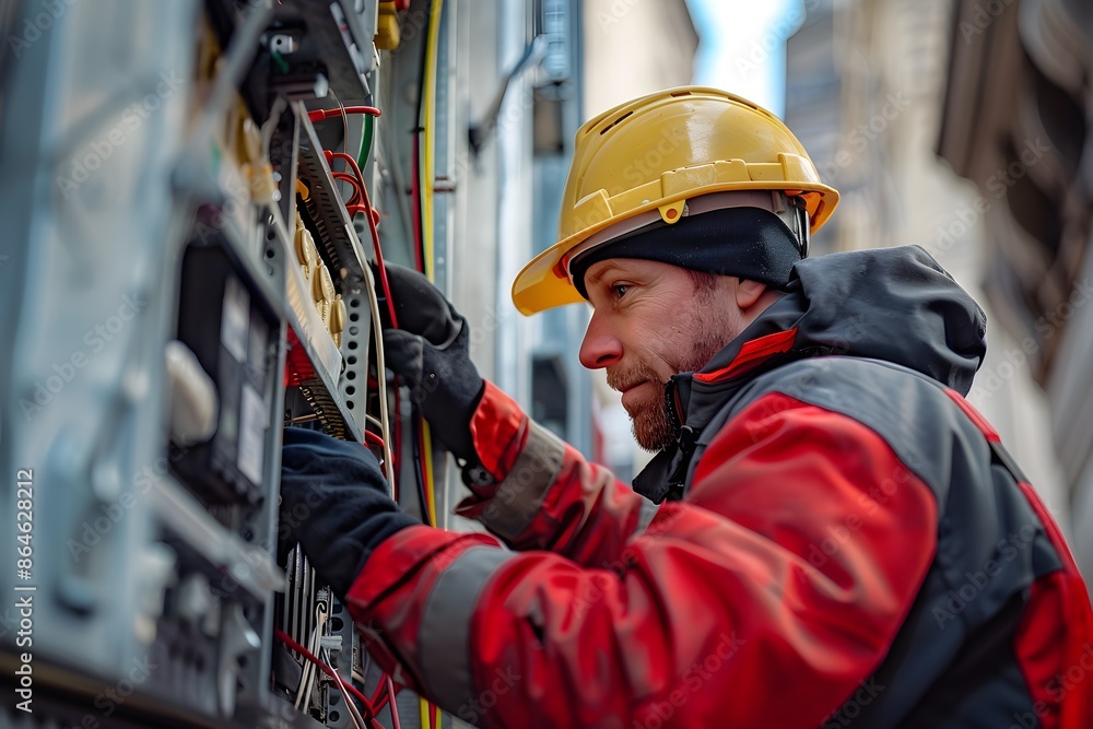 Technician Repairing Cables at an Urban Outdoor Site on a Sunny Day Technician Repairing Cables at an Urban Outdoor Site on a Sunny Day