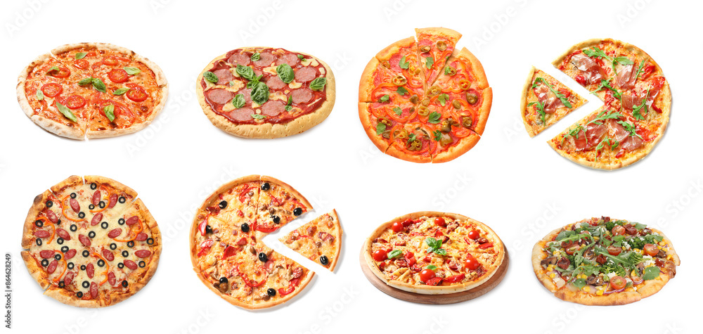 Different tasty pizzas isolated on white, collection Different tasty pizzas isolated on white, collection